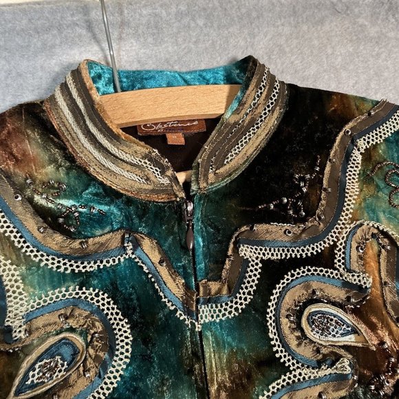 Obstinee By Ika Jacket 6 Teal Brown Velvet Beaded Art to Wear Embroidered Artsy - Picture 5 of 16